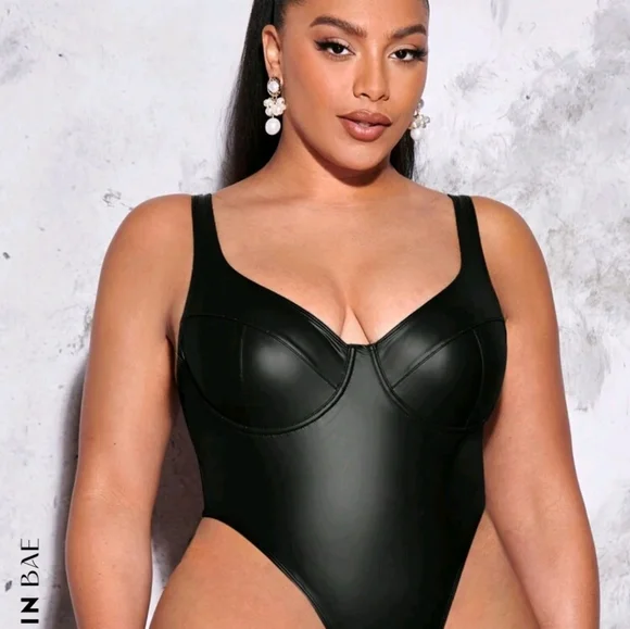 SHEIN Tops Nwt Black Pu Leather Tank Top Body Suit Size 2xl